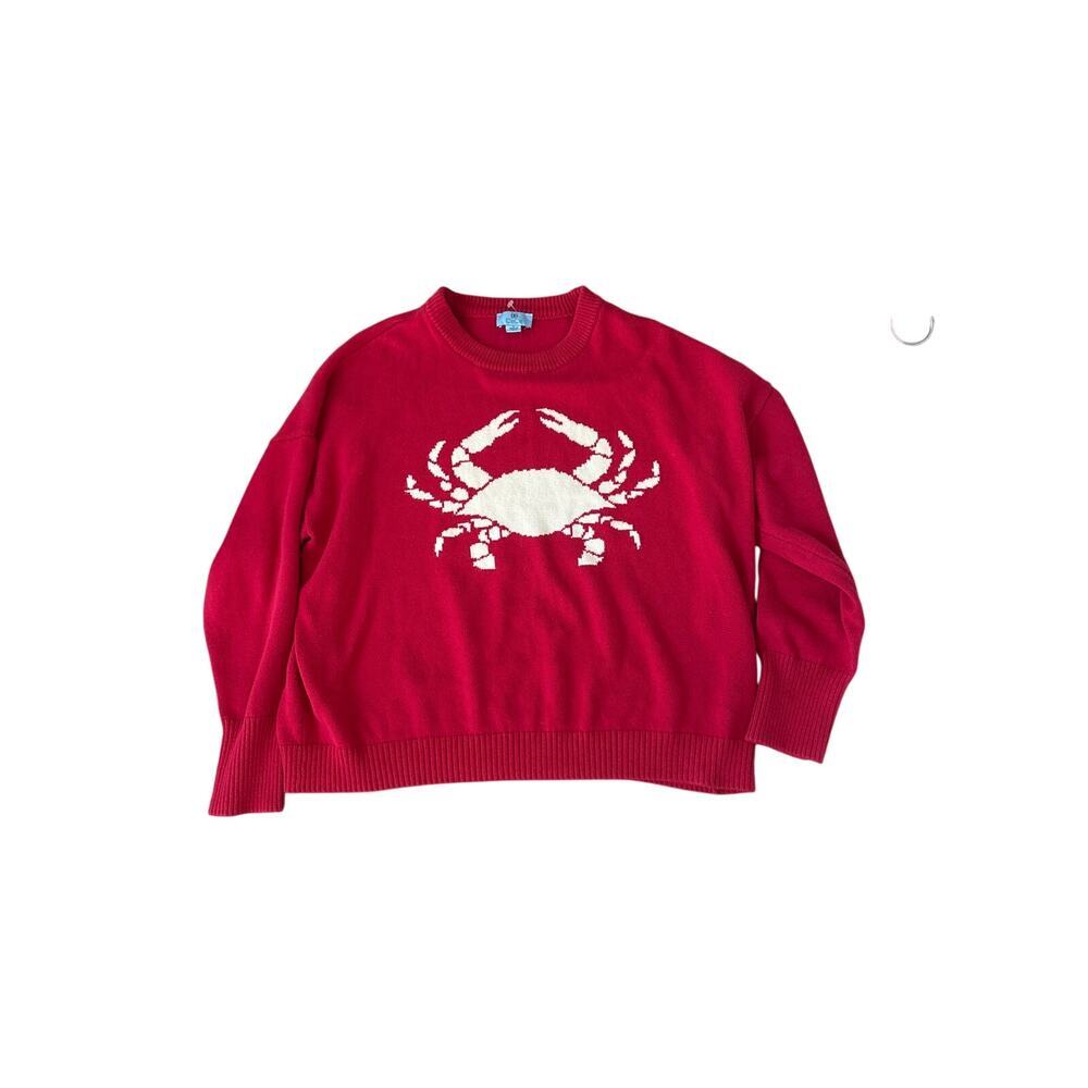 CeCe Red White Crab Intarsia Crewneck Sweater Hamptons Nantucket